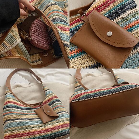 Colorful straw beach shoulder handbag with adjustable straps and small wallet - Picture 3 of 6